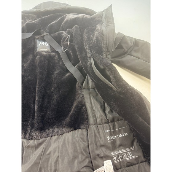 Zara Winter Parka Coat Fur Lined Hooded Jacket Black Warm Womens S - Picture 10 of 11